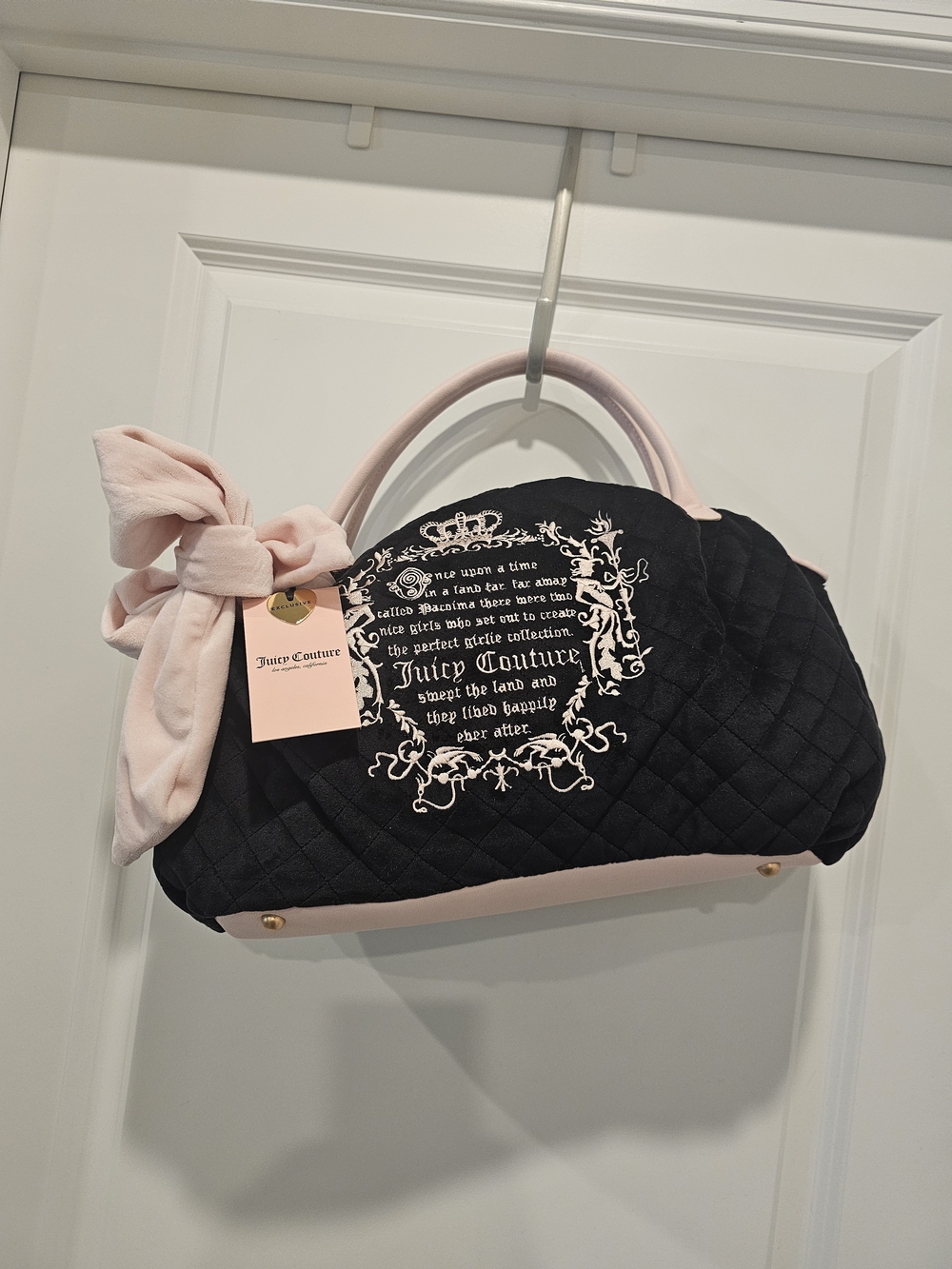 Juicy Couture Black Quilted Satchel with Pale Pink Trim and Bow
